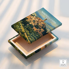 Montepulciano Italy Travel Poster | Tuscany Wall Art Print on an open box showcasing Italian hilltop artistry.
