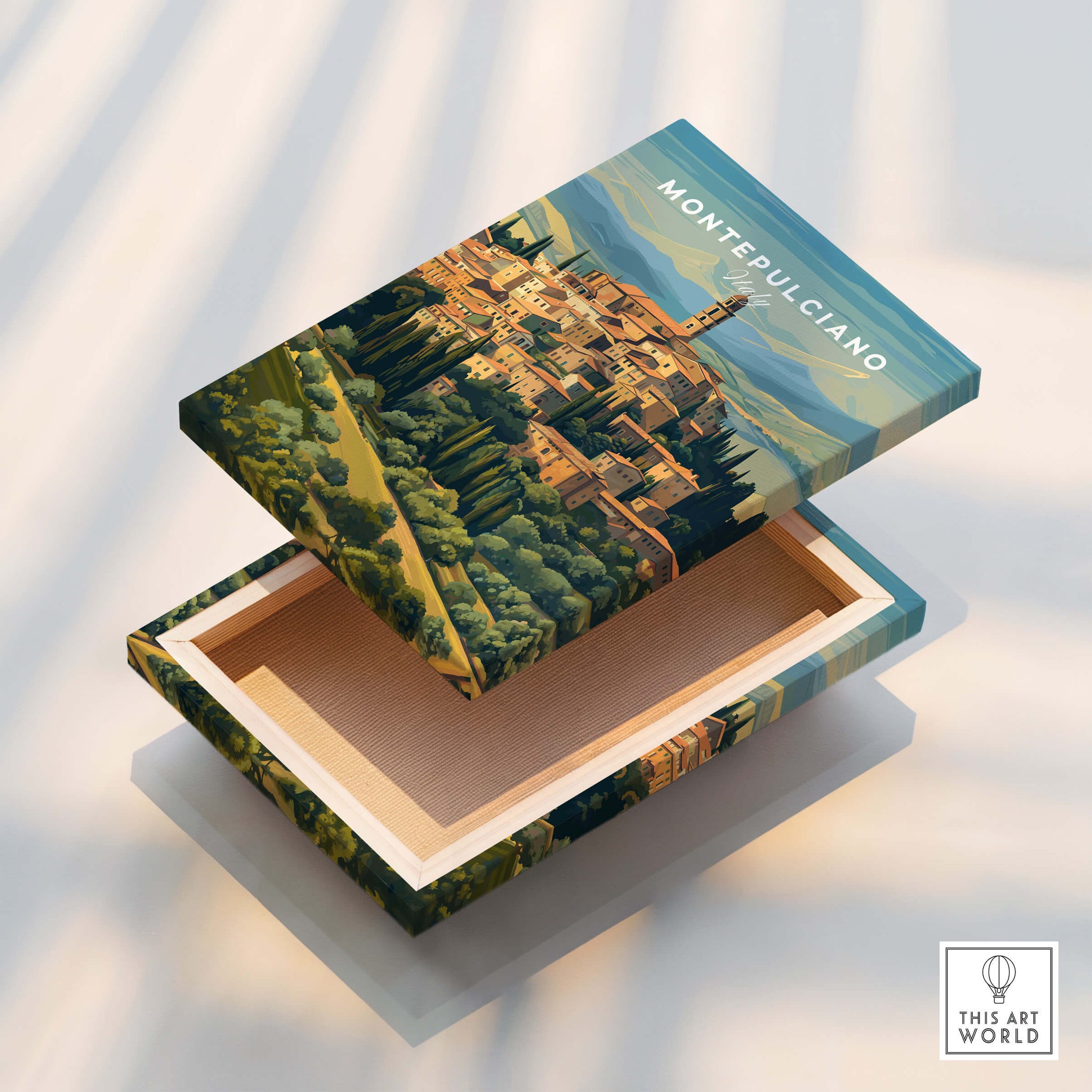 Montepulciano Italy Travel Poster | Tuscany Wall Art Print on an open box showcasing Italian hilltop artistry.