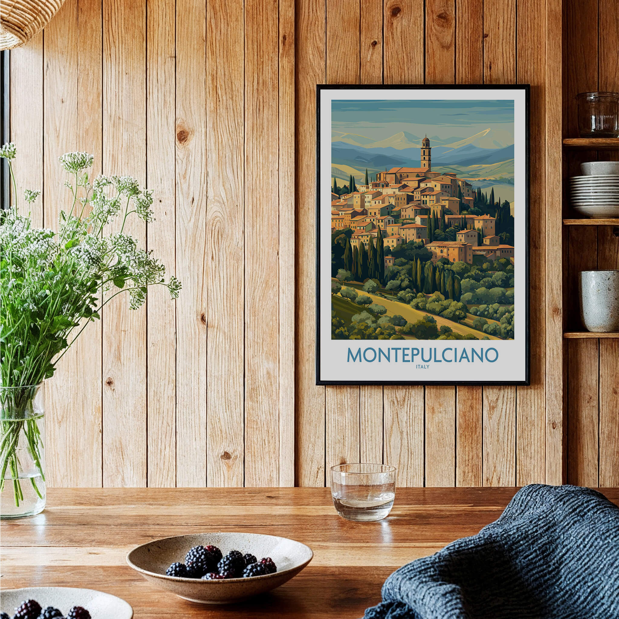 Montepulciano Italy Canvas Print | Traditional Italian Village Poster showcasing terracotta rooftops and Tuscan landscape.