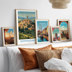 Montepulciano Italy Canvas Print | Traditional Italian Village Poster displayed on a cozy bed with pillows.