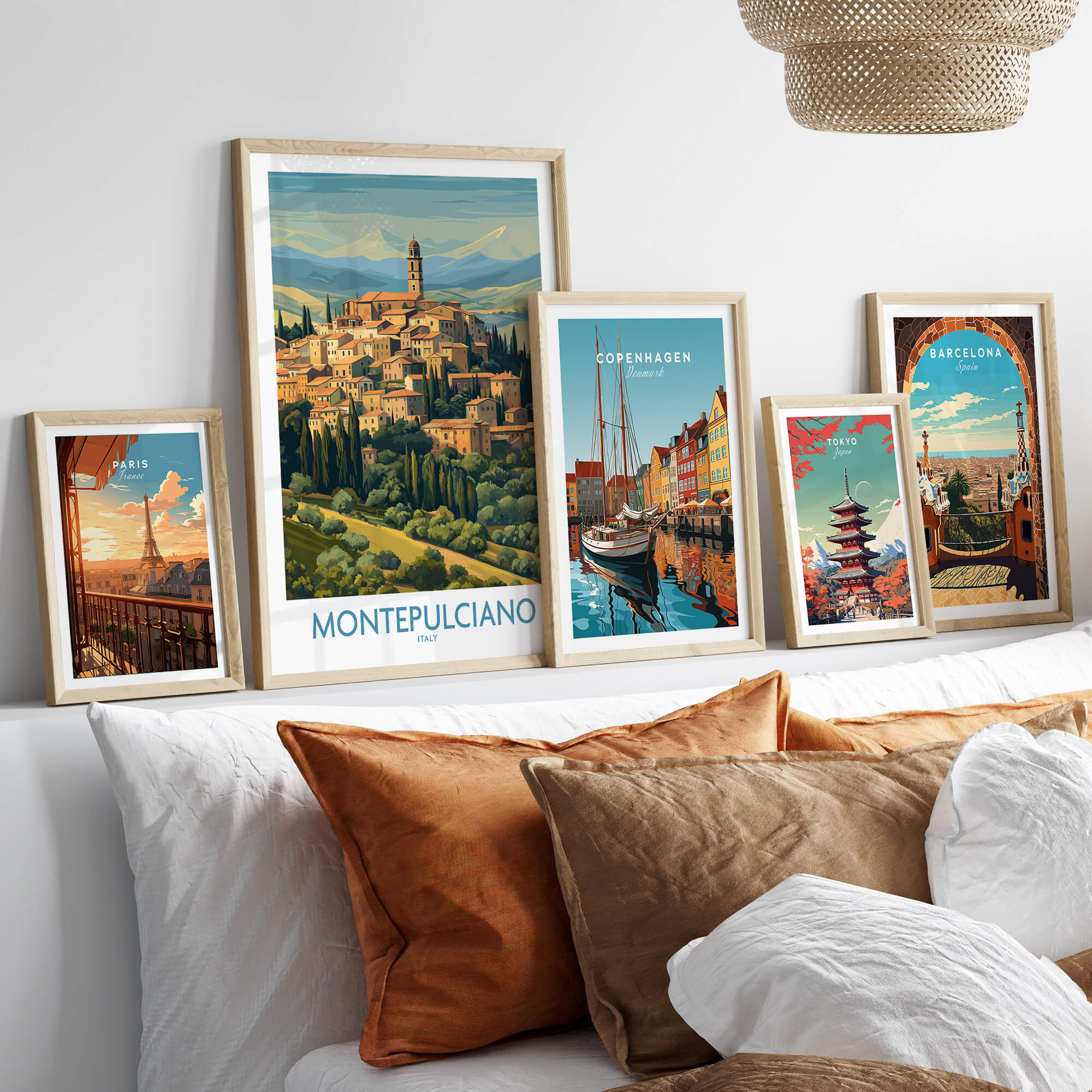 Montepulciano Italy Canvas Print | Traditional Italian Village Poster displayed on a cozy bed with pillows.