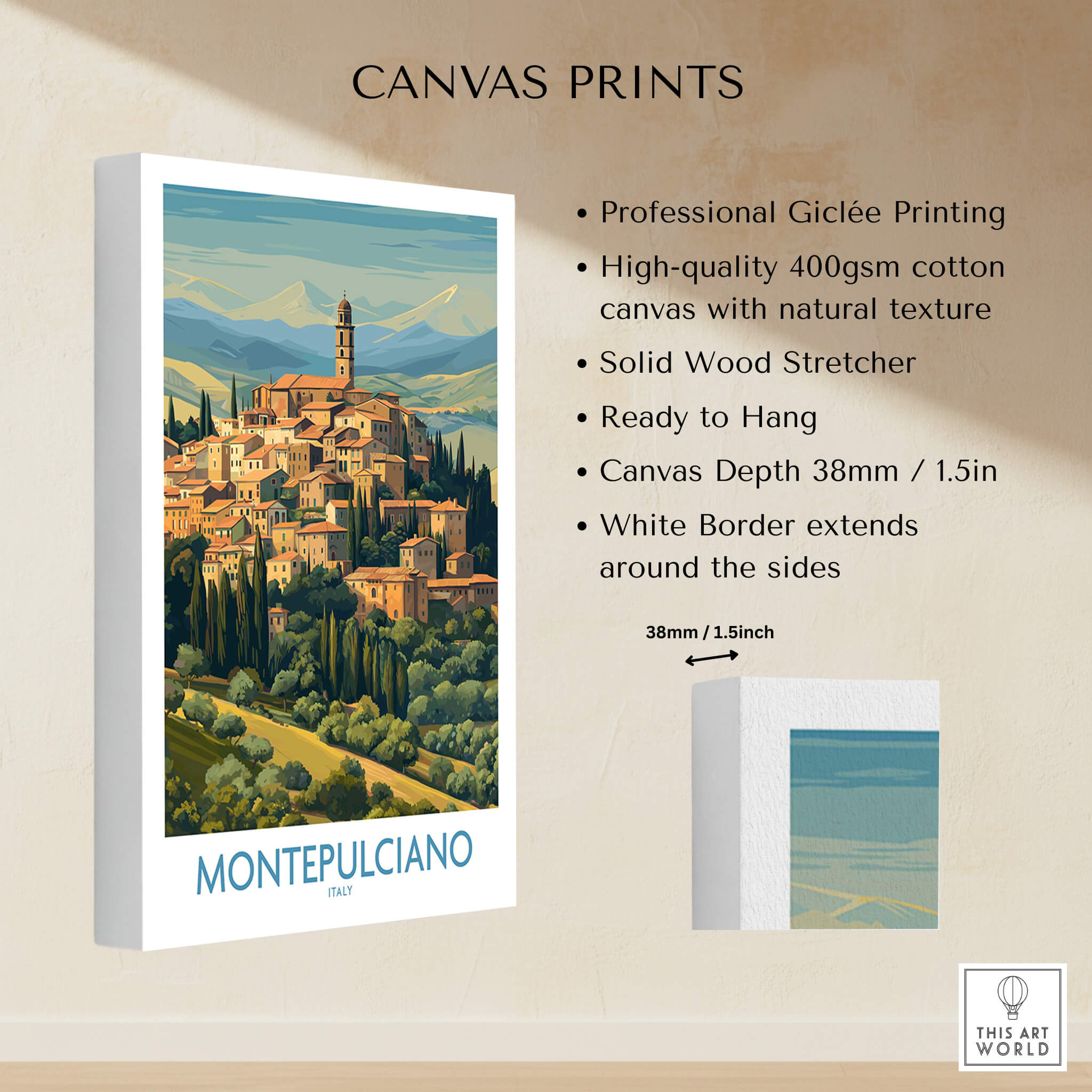Montepulciano Italy Canvas Print | Traditional Italian Village Poster showcasing medieval architecture and Tuscan landscape.