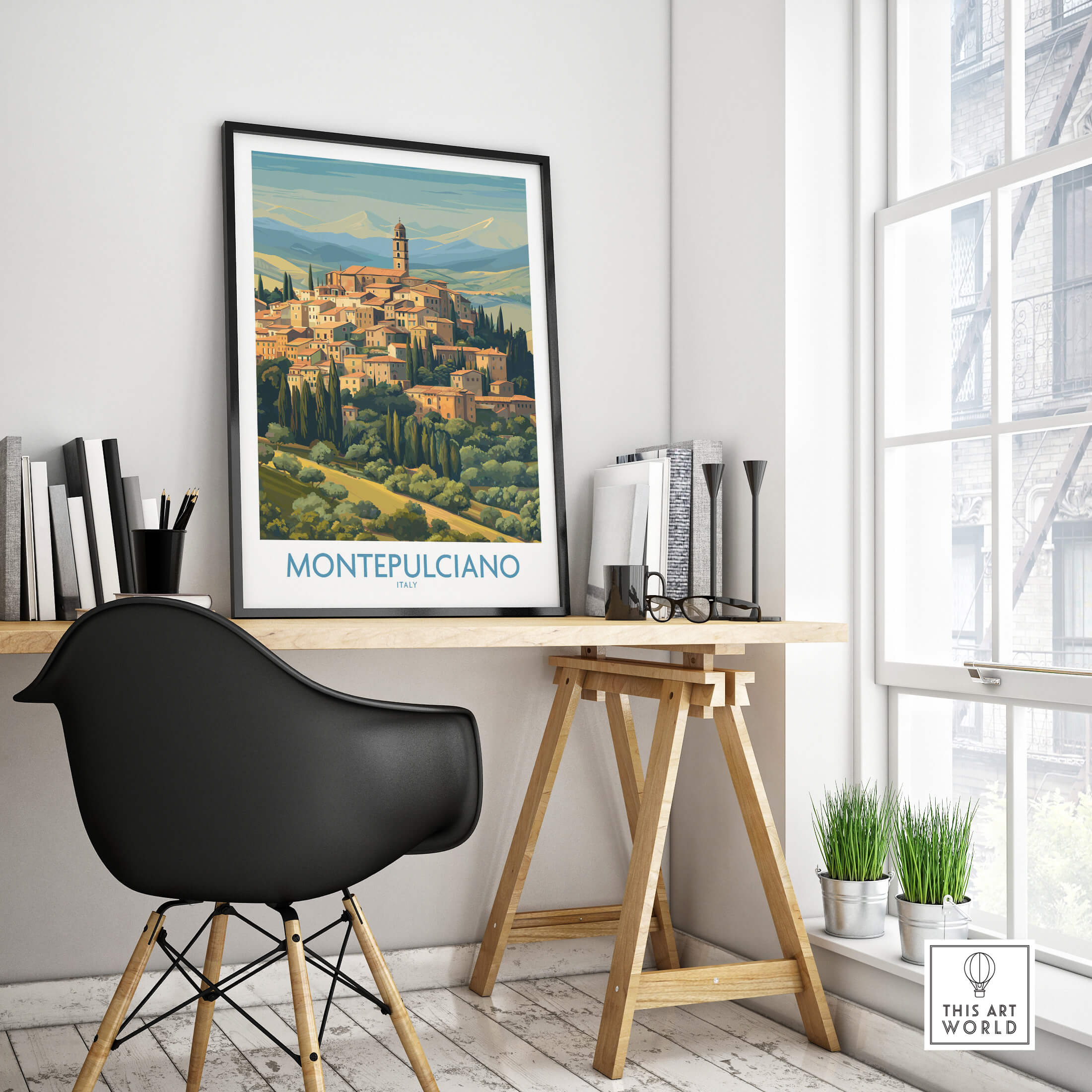 Montepulciano Italy Canvas Print | Traditional Italian Village Poster displayed in a modern workspace setting.