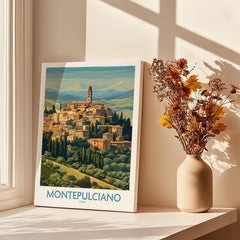 Montepulciano Italy Canvas Print | Traditional Italian Village Poster displayed by a window with flowers.