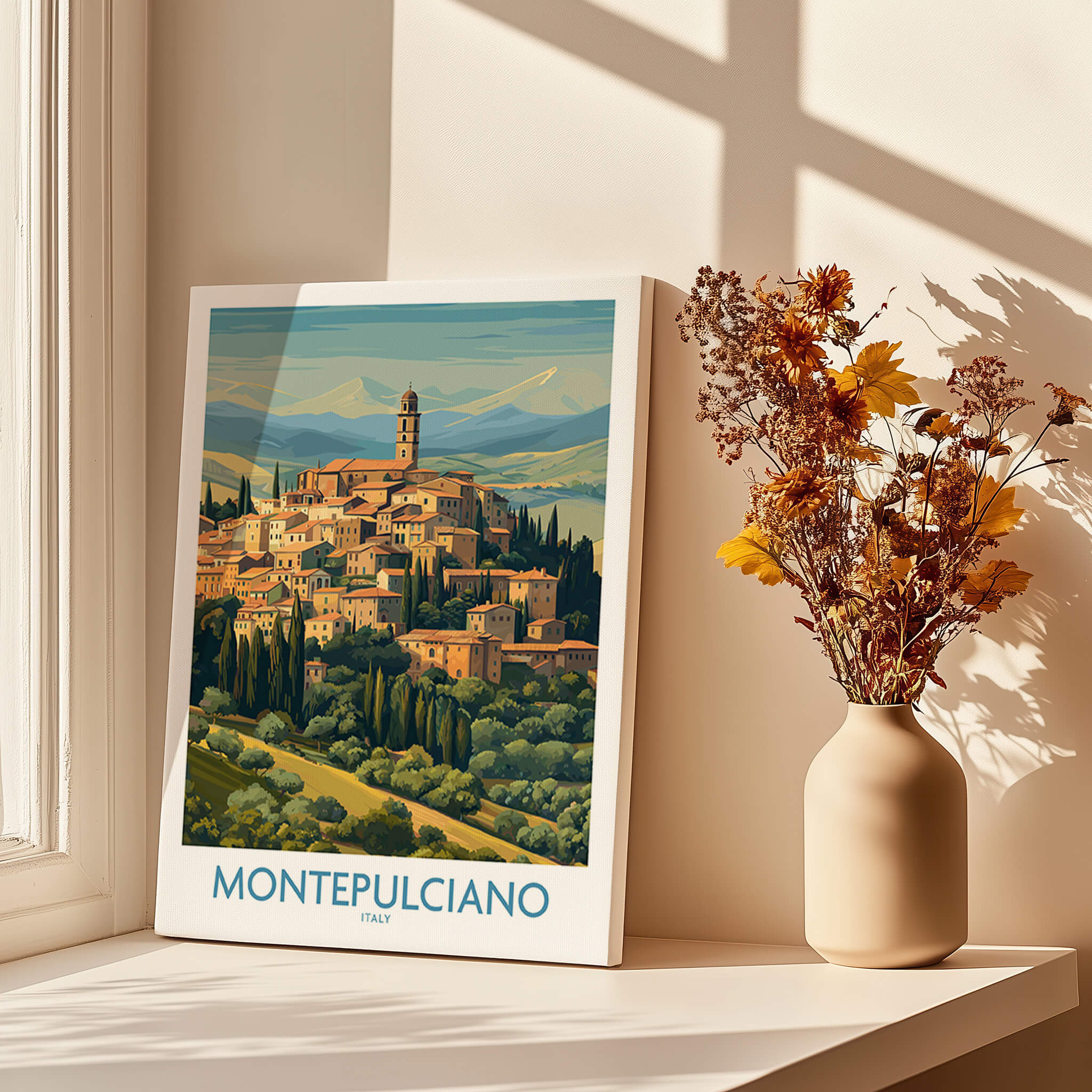 Montepulciano Italy Canvas Print | Traditional Italian Village Poster displayed by a window with flowers.