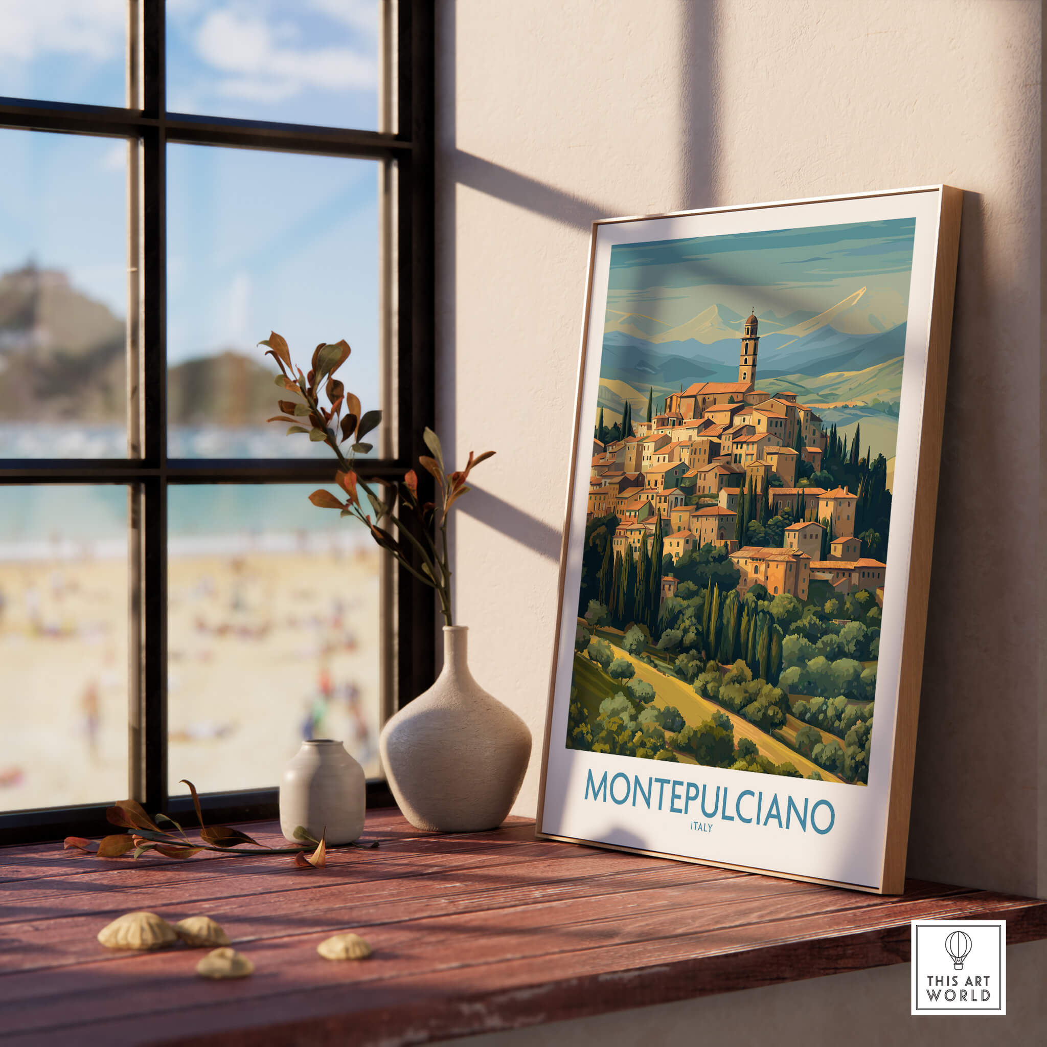 Montepulciano Italy Canvas Print | Traditional Italian Village Poster displayed in a bright room with scenic views.