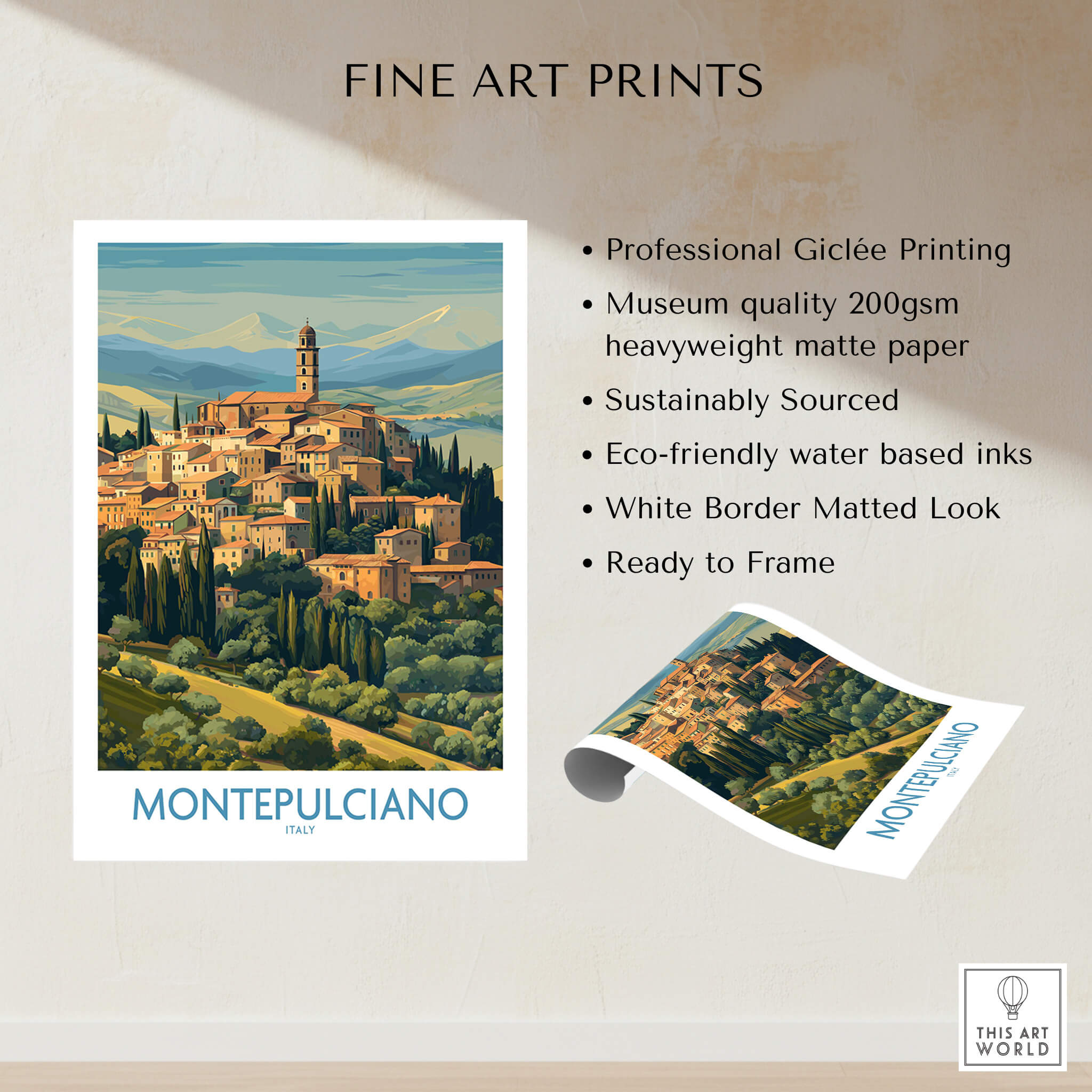 Montepulciano Italy Canvas Print | Traditional Italian Village Poster showcasing scenic town and landscape.