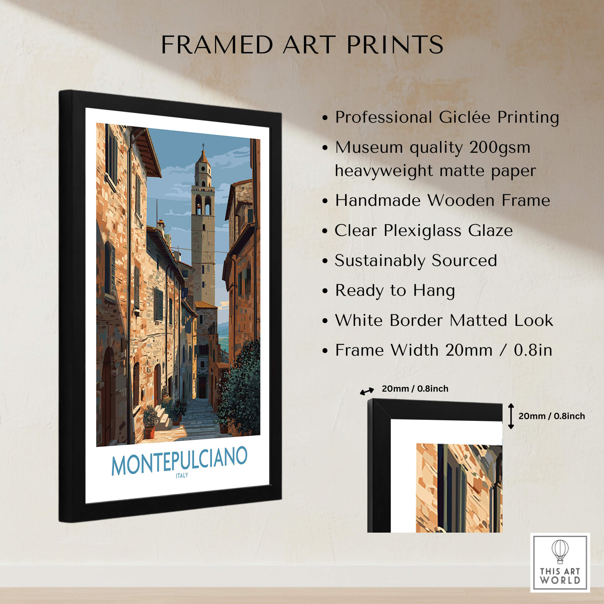Montepulciano Italy Poster | Tuscany Canvas Print framed art with professional quality details.