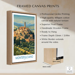 Montepulciano Italy Canvas Print | Traditional Italian Village Poster framed on a wall, showcasing vibrant colors and details.