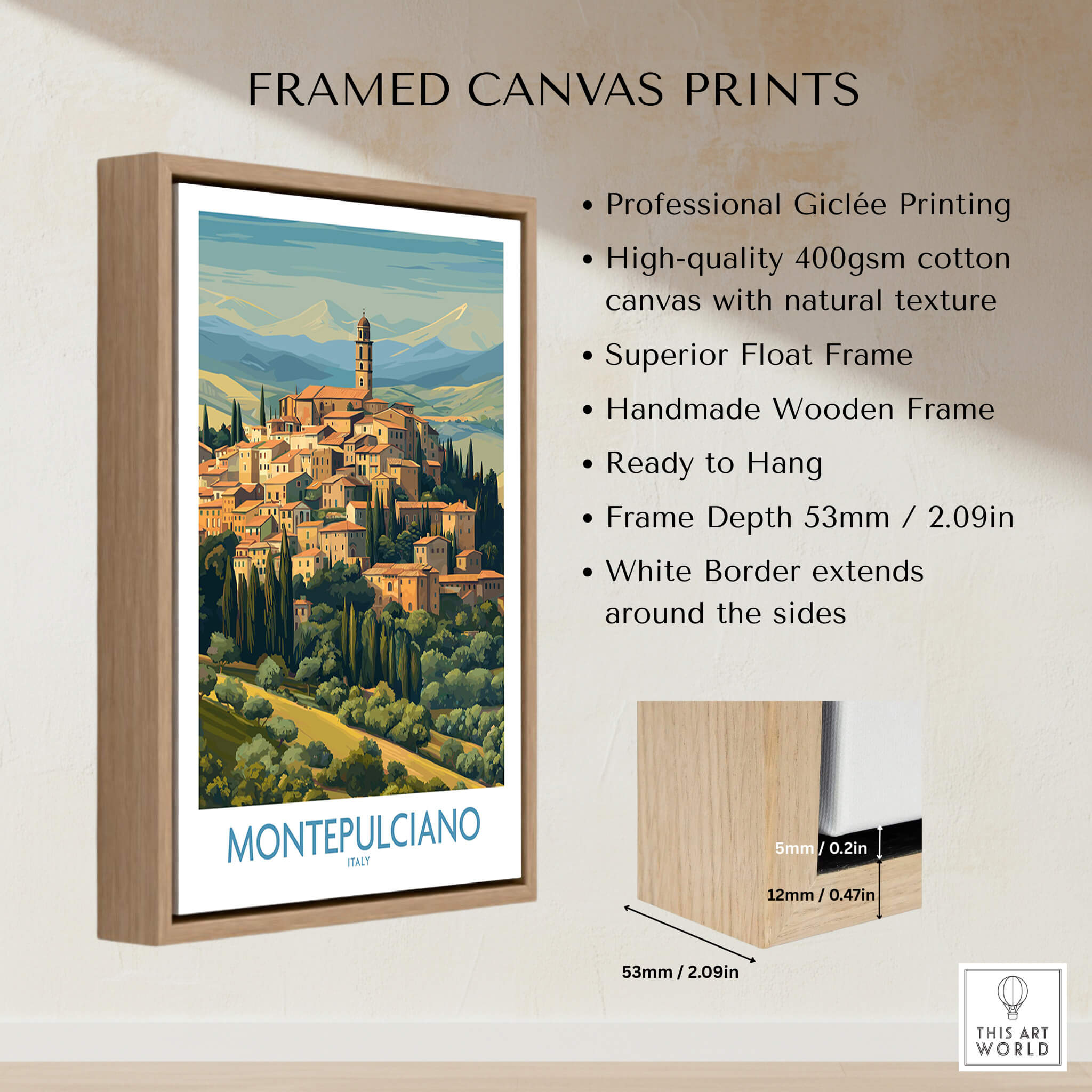 Montepulciano Italy Canvas Print | Traditional Italian Village Poster framed on a wall, showcasing vibrant colors and details.