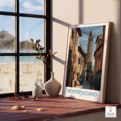 Montepulciano Italy Poster | Tuscany Canvas Print displayed in a sunlit room with a view of the beach outside.