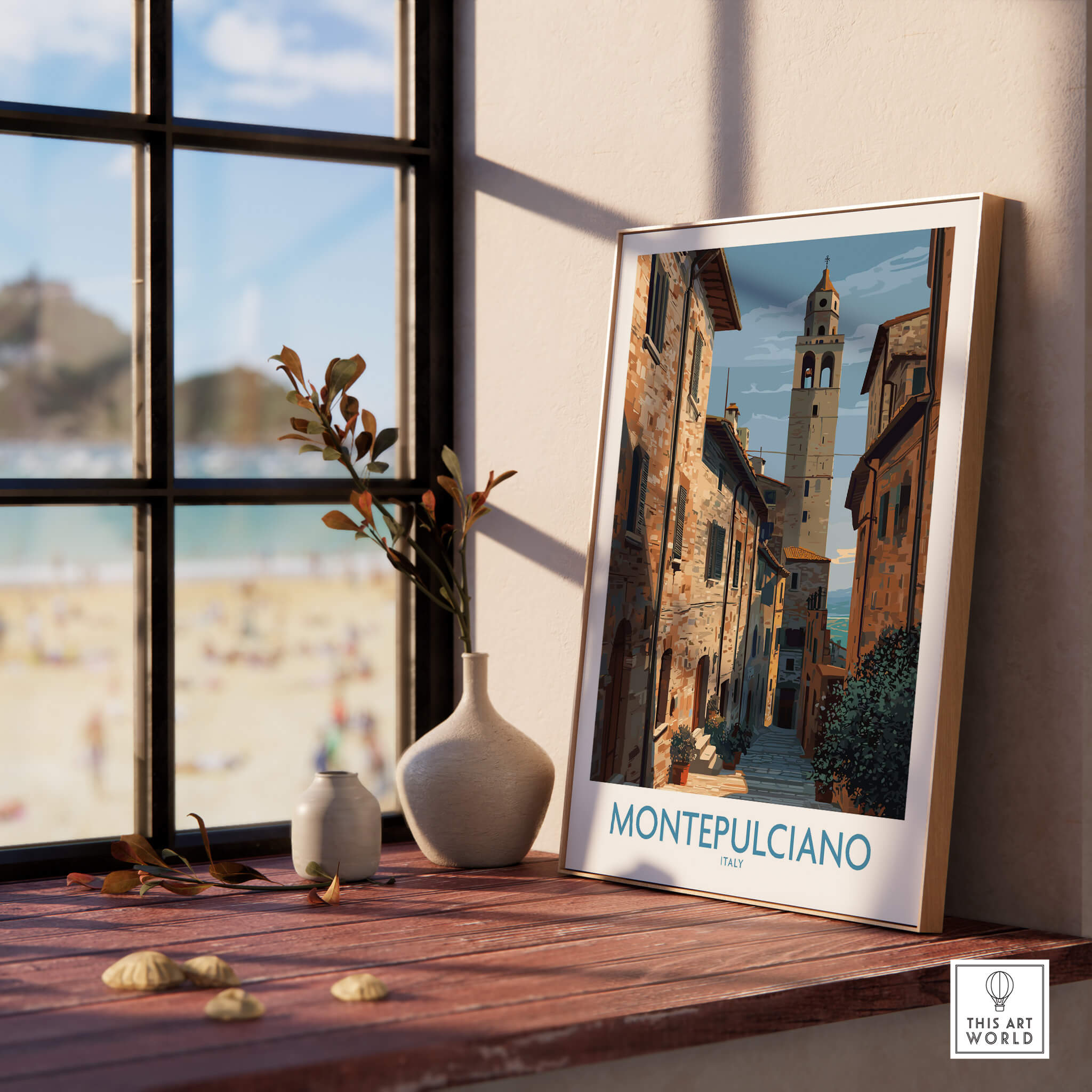 Montepulciano Italy Poster | Tuscany Canvas Print displayed in a sunlit room with a view of the beach outside.