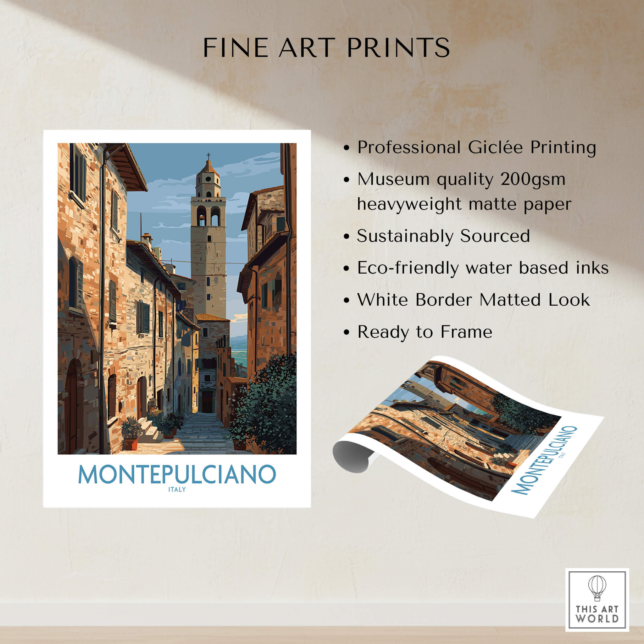 Montepulciano Italy Poster | Tuscany Canvas Print featuring a picturesque hilltop view.