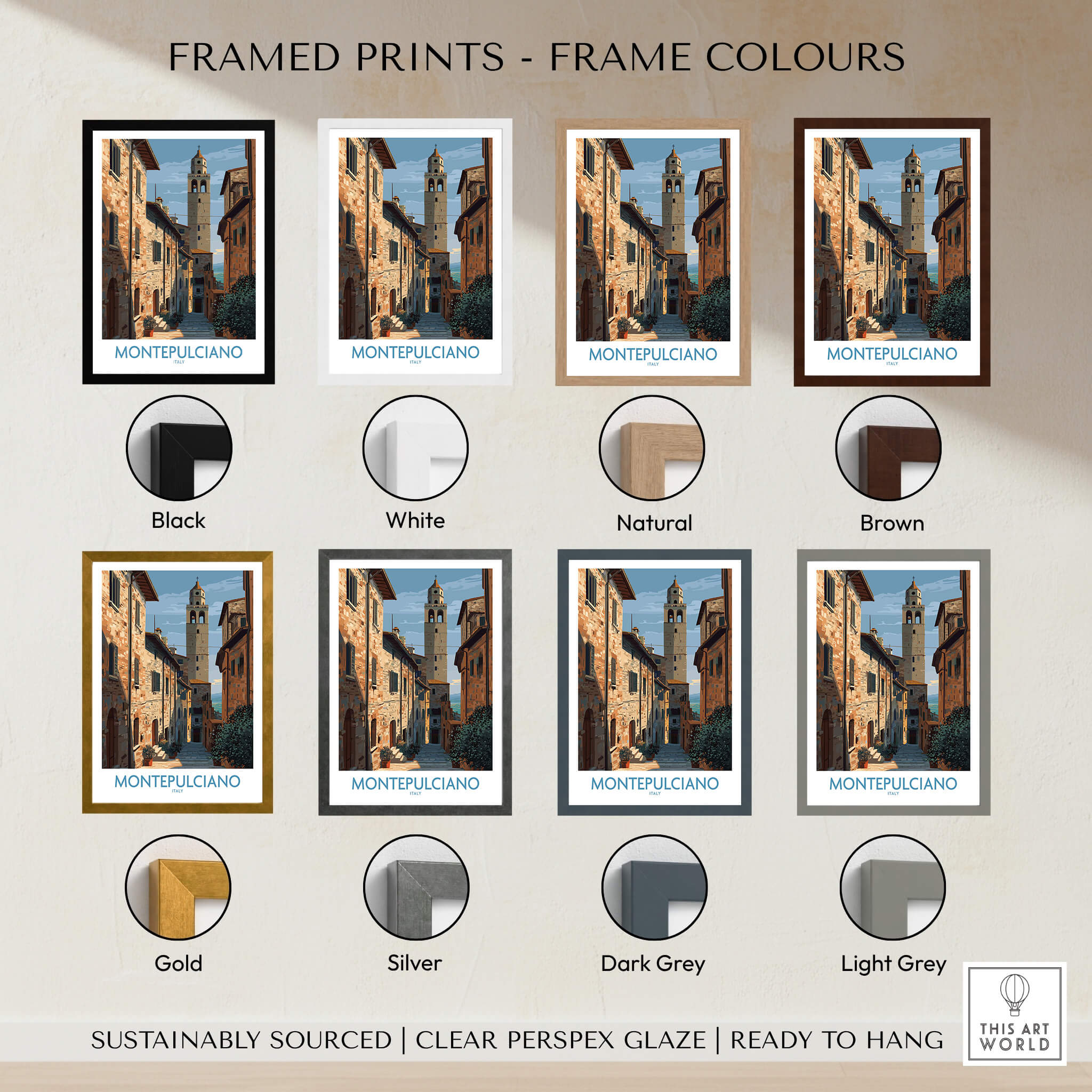 Montepulciano Italy Poster | Tuscany Canvas Print with various frame color options including Black, White, and Natural.