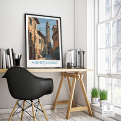 Montepulciano Italy Poster | Tuscany Canvas Print framed in modern office setting, showcasing scenic street view.