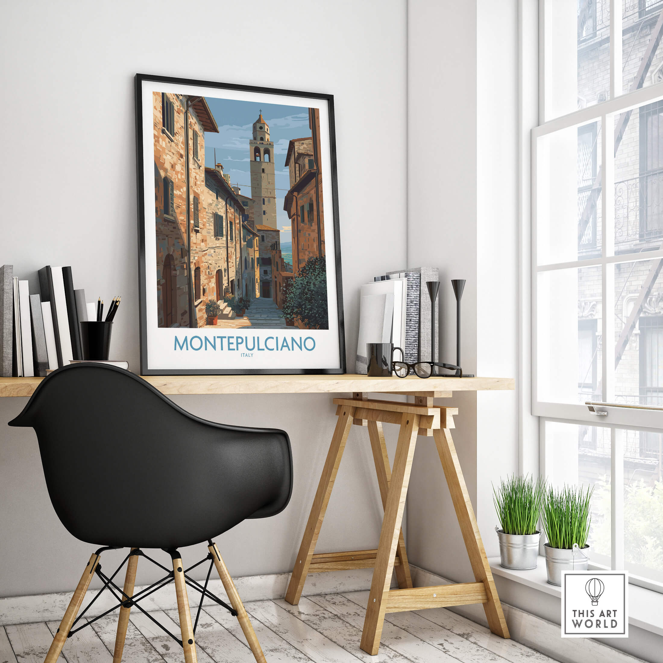 Montepulciano Italy Poster | Tuscany Canvas Print framed in modern office setting, showcasing scenic street view.