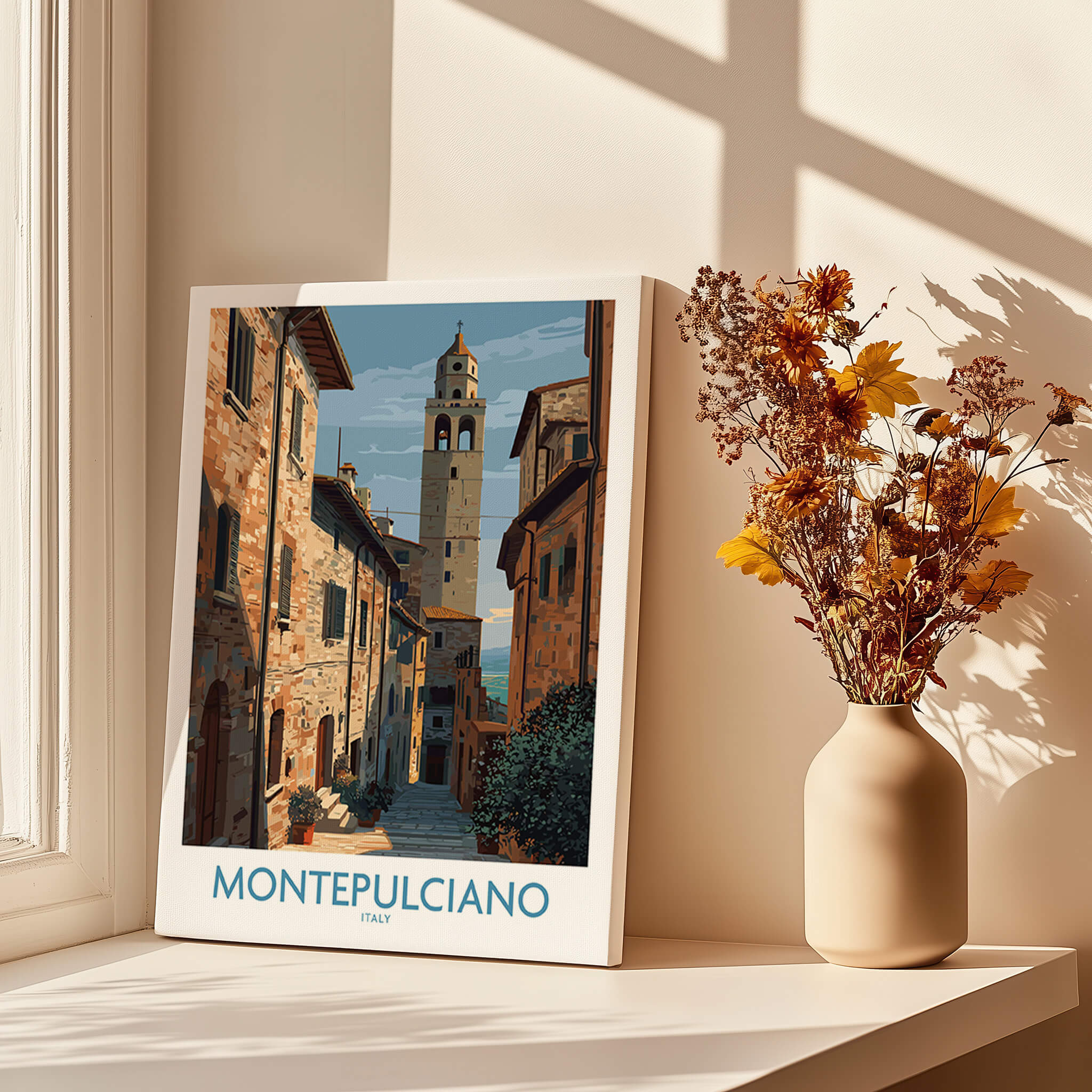 Montepulciano Italy Poster | Tuscany Canvas Print showcasing a picturesque street scene in Montepulciano.