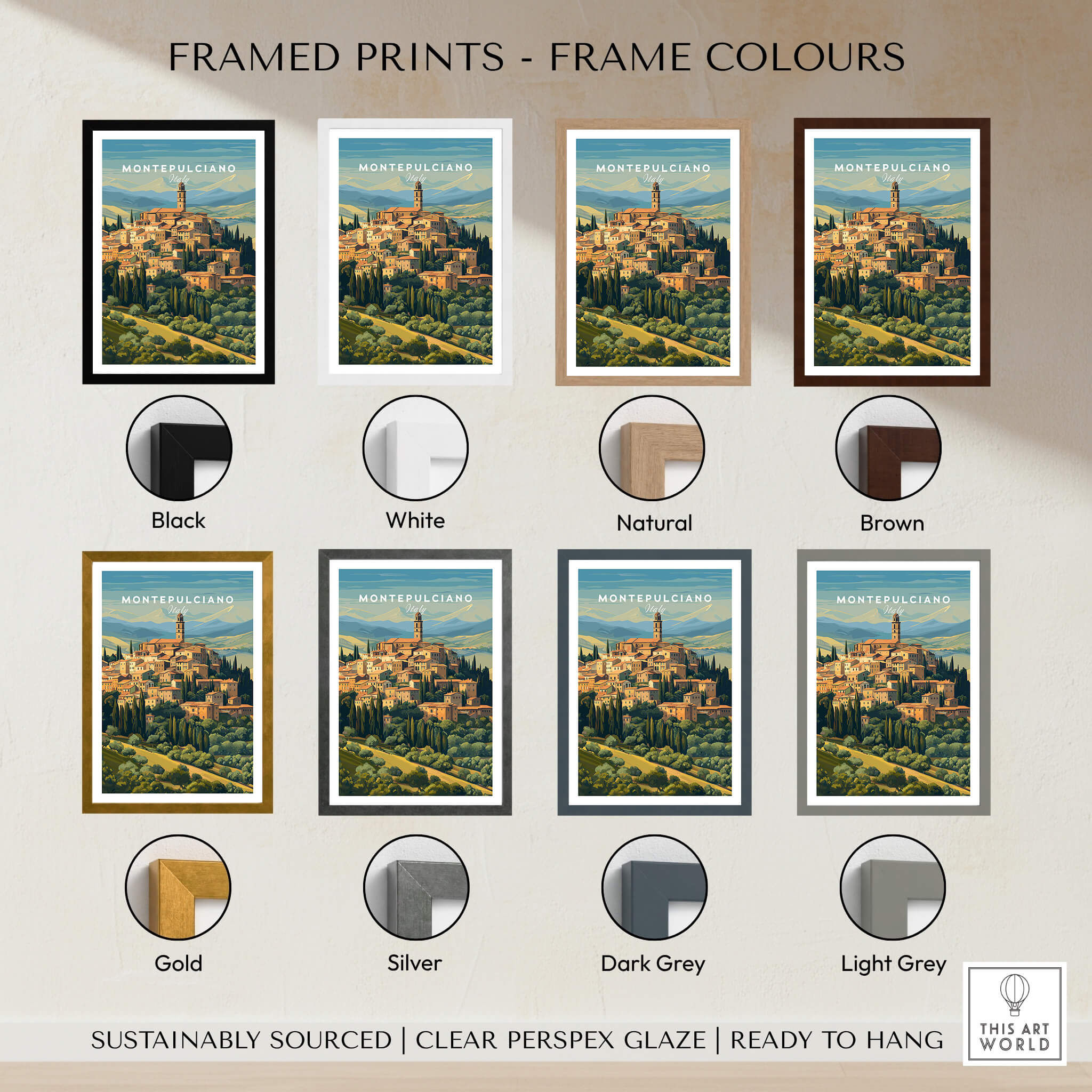 Montepulciano Italy Travel Poster | Tuscany Wall Art Print framed prints color options including black, white, gold and more.