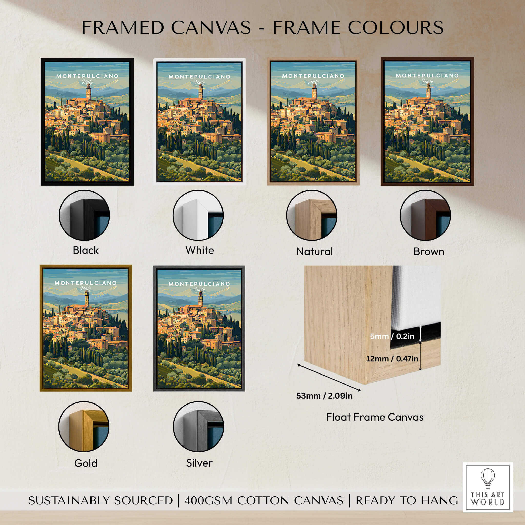 Montepluciano Italy Travel Poster | Tuscany Wall Art Print displayed in different frame colors including Black, White, Gold, Silver.