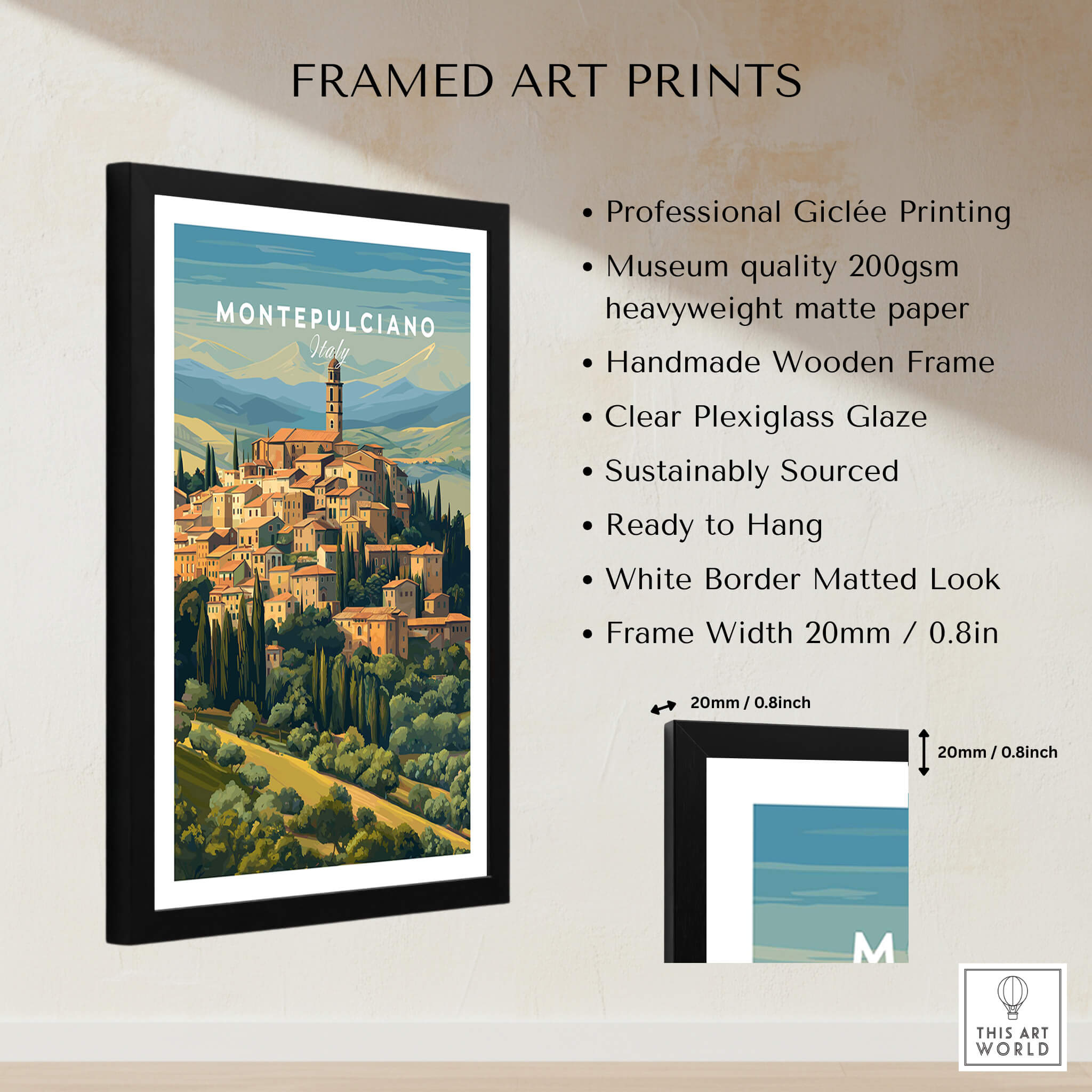 Montepulciano Italy Travel Poster | Tuscany Wall Art Print featuring framed art prints with professional Giclée printing.