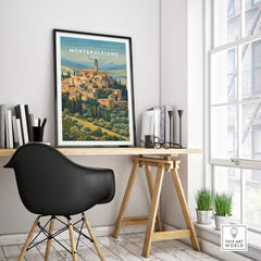 Montepulciano Italy Travel Poster | Tuscany Wall Art Print displayed in a modern workspace with stylish decor.