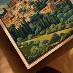 Montepulciano Italy Travel Poster | Tuscany Wall Art Print showcasing a picturesque view of Tuscan hills and village architecture.