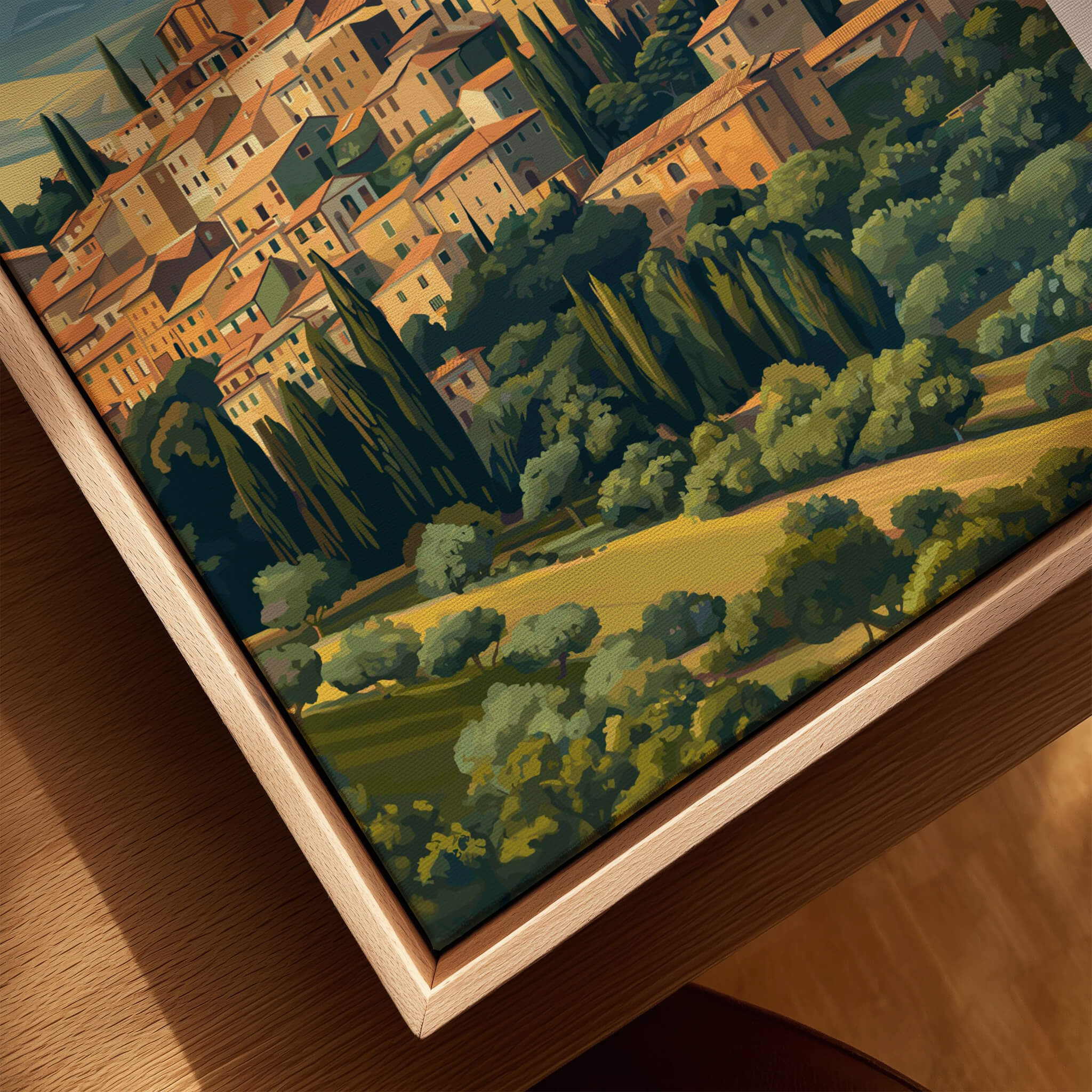 Montepulciano Italy Travel Poster | Tuscany Wall Art Print showcasing a picturesque view of Tuscan hills and village architecture.