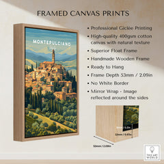 Montepulciano Italy Travel Poster | Tuscany Wall Art Print displayed as framed canvas print with natural texture and wooden frame.