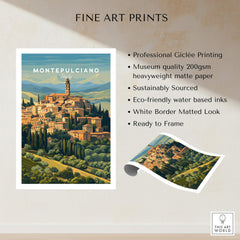 Montepulciano Italy Travel Poster | Tuscany Wall Art Print showing picturesque hilltop village and Tuscan landscape.