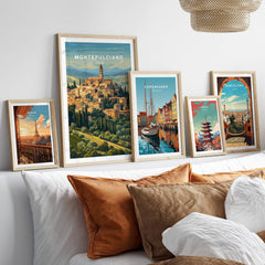 Montepulciano Italy Travel Poster | Tuscany Wall Art Print displayed among other travel posters in a stylish interior.