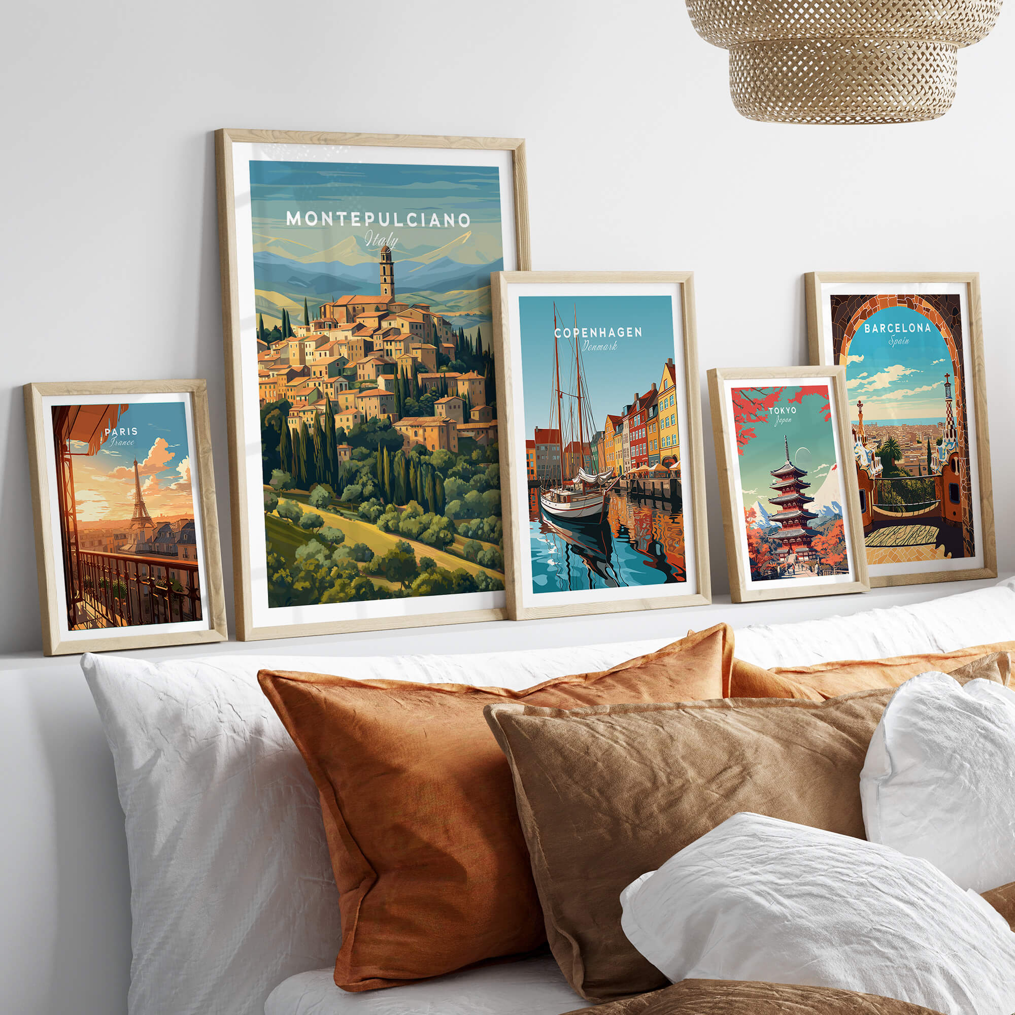 Montepulciano Italy Travel Poster | Tuscany Wall Art Print displayed among other travel posters in a stylish interior.