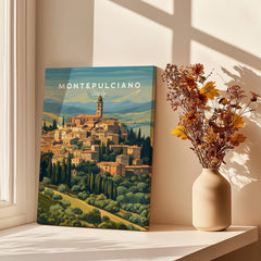 Montepulciano Italy Travel Poster | Tuscany Wall Art Print showcasing picturesque hilltop village scenery.