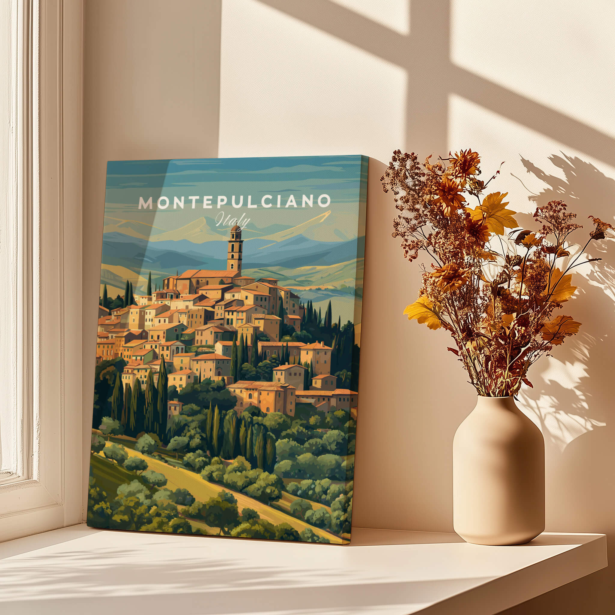 Montepulciano Italy Travel Poster | Tuscany Wall Art Print showcasing picturesque hilltop village scenery.