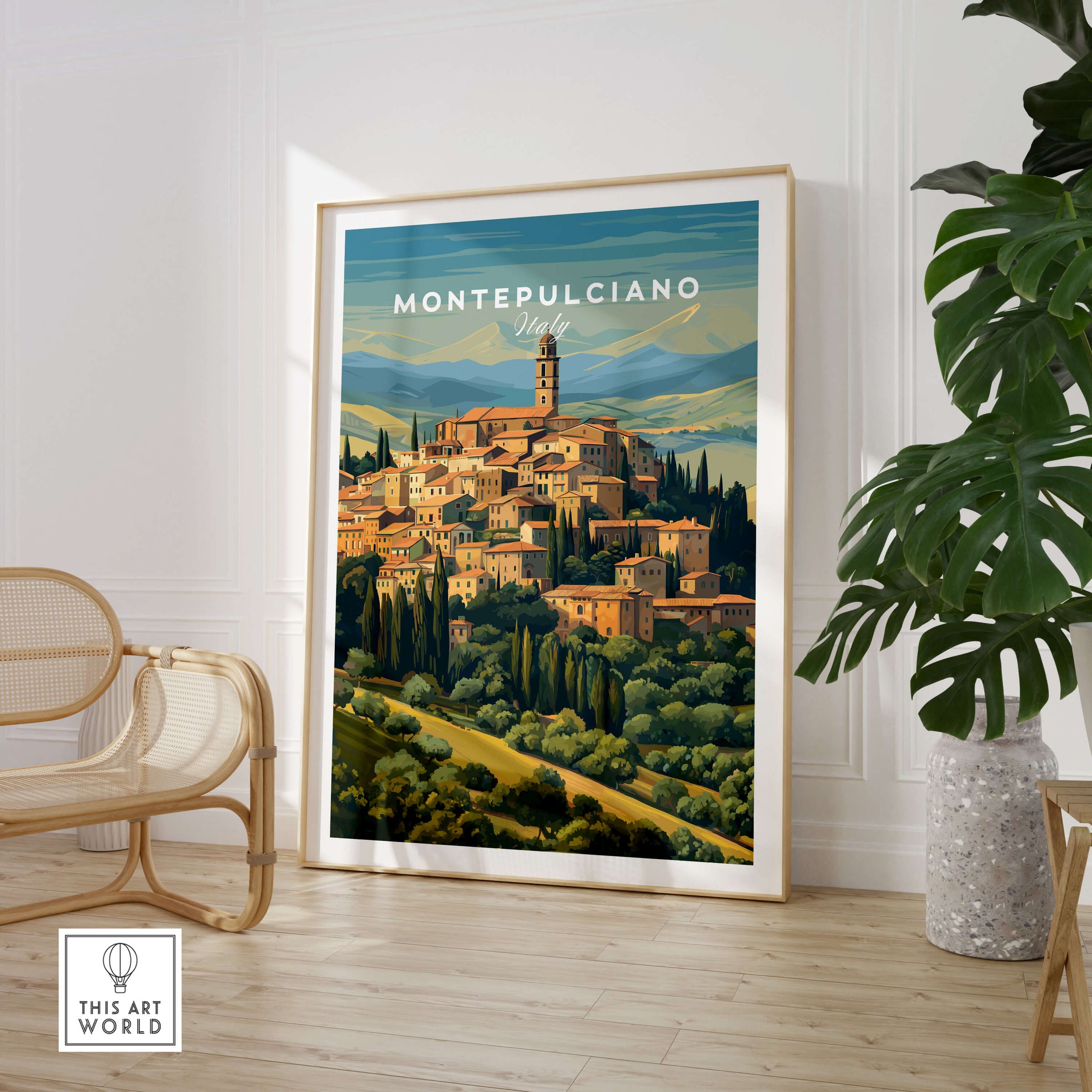 Montepulciano Italy Travel Poster | Tuscany Wall Art Print featuring a scenic view of the Tuscan hillside village.