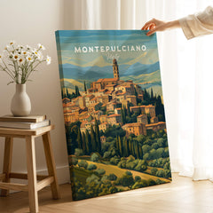 Montepulciano Italy Travel Poster | Tuscany Wall Art Print featuring a scenic view of Montepulciano.
