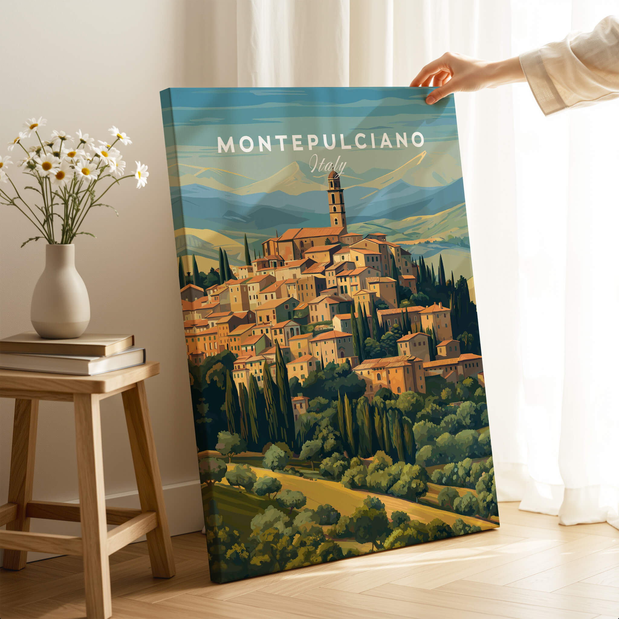 Montepulciano Italy Travel Poster | Tuscany Wall Art Print featuring a scenic view of Montepulciano.