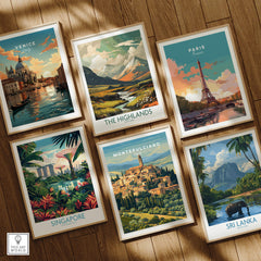 Montpellier Italy Travel Poster | Tuscany Wall Art Print displayed among travel posters of Venice, Paris, Singapore, and Sri Lanka.