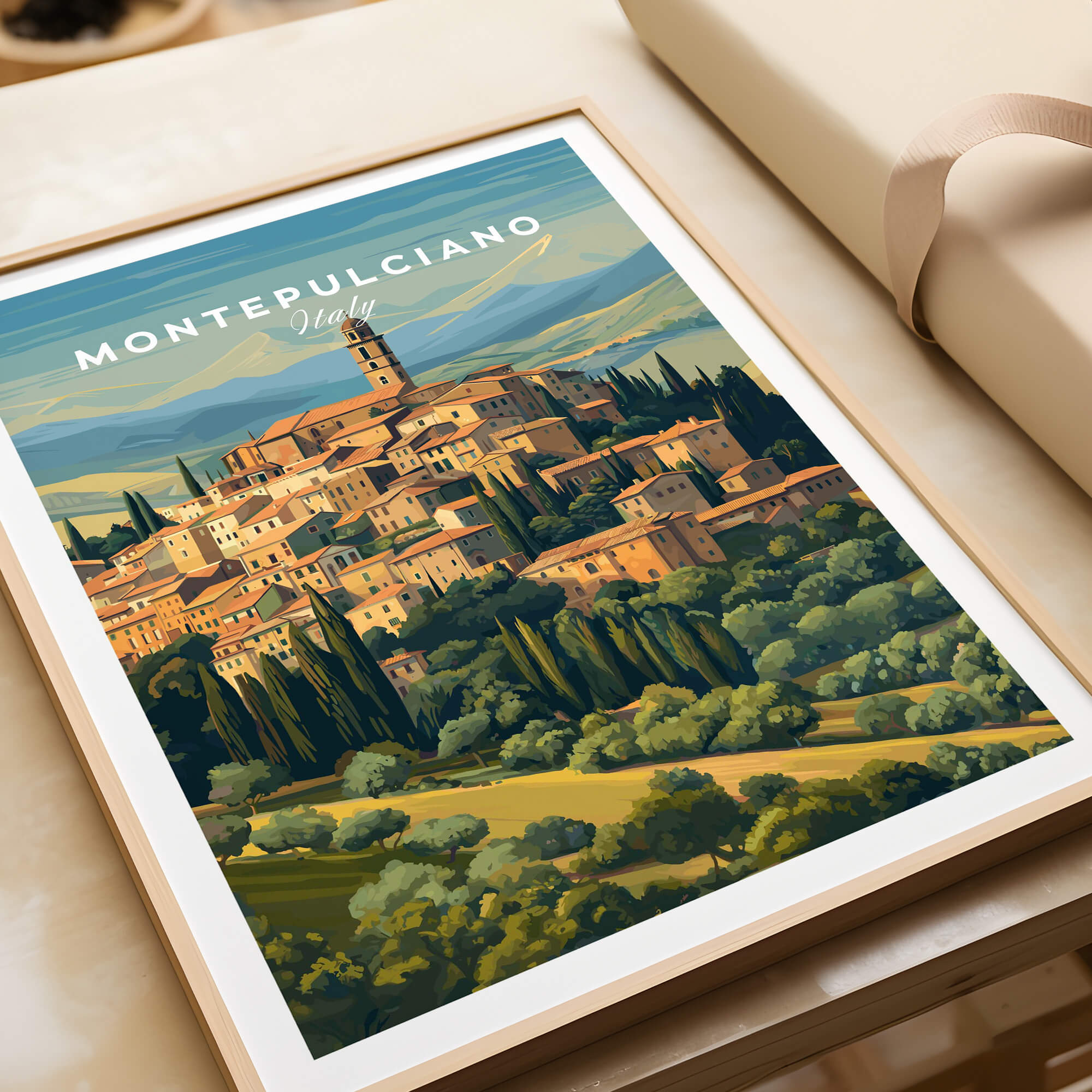 Montepulciano Italy Travel Poster | Tuscany Wall Art Print featuring a picturesque hilltop village in Tuscany.