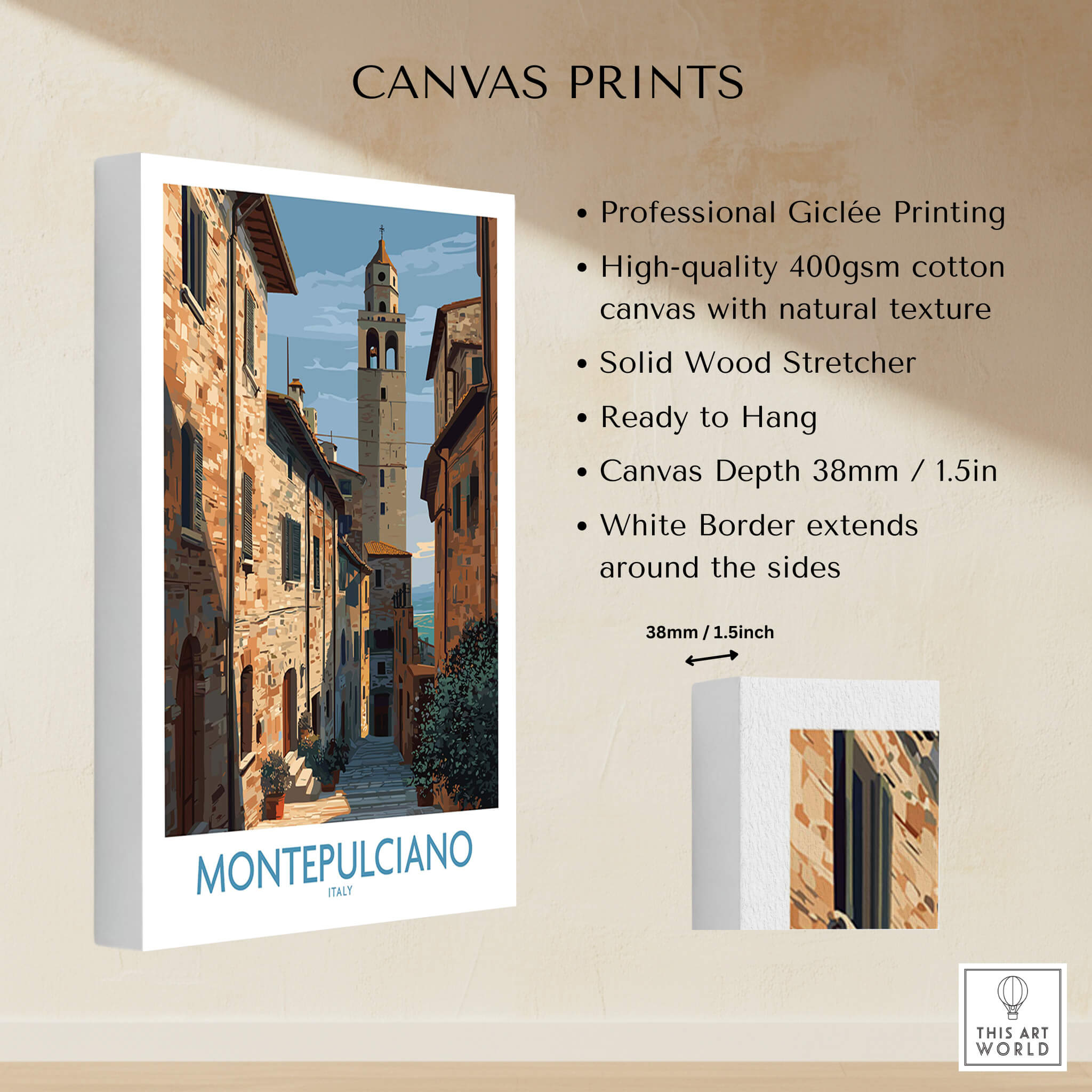 Montepulciano Italy Poster | Tuscany Canvas Print showcasing professional Giclée printing and natural texture.