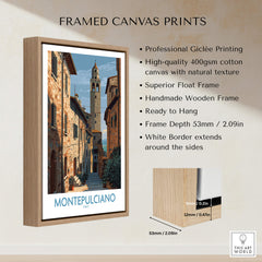 Montepulciano Italy Poster | Tuscany Canvas Print framed in a wooden float frame hanging on a wall.