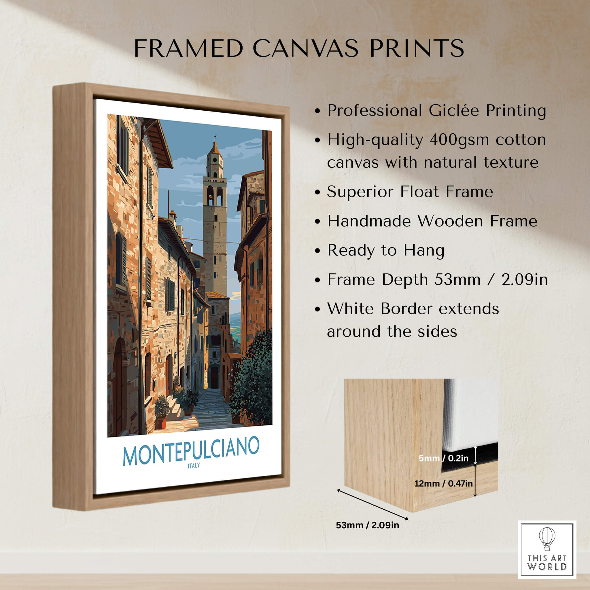 Montepulciano Italy Poster | Tuscany Canvas Print framed in a wooden float frame hanging on a wall.