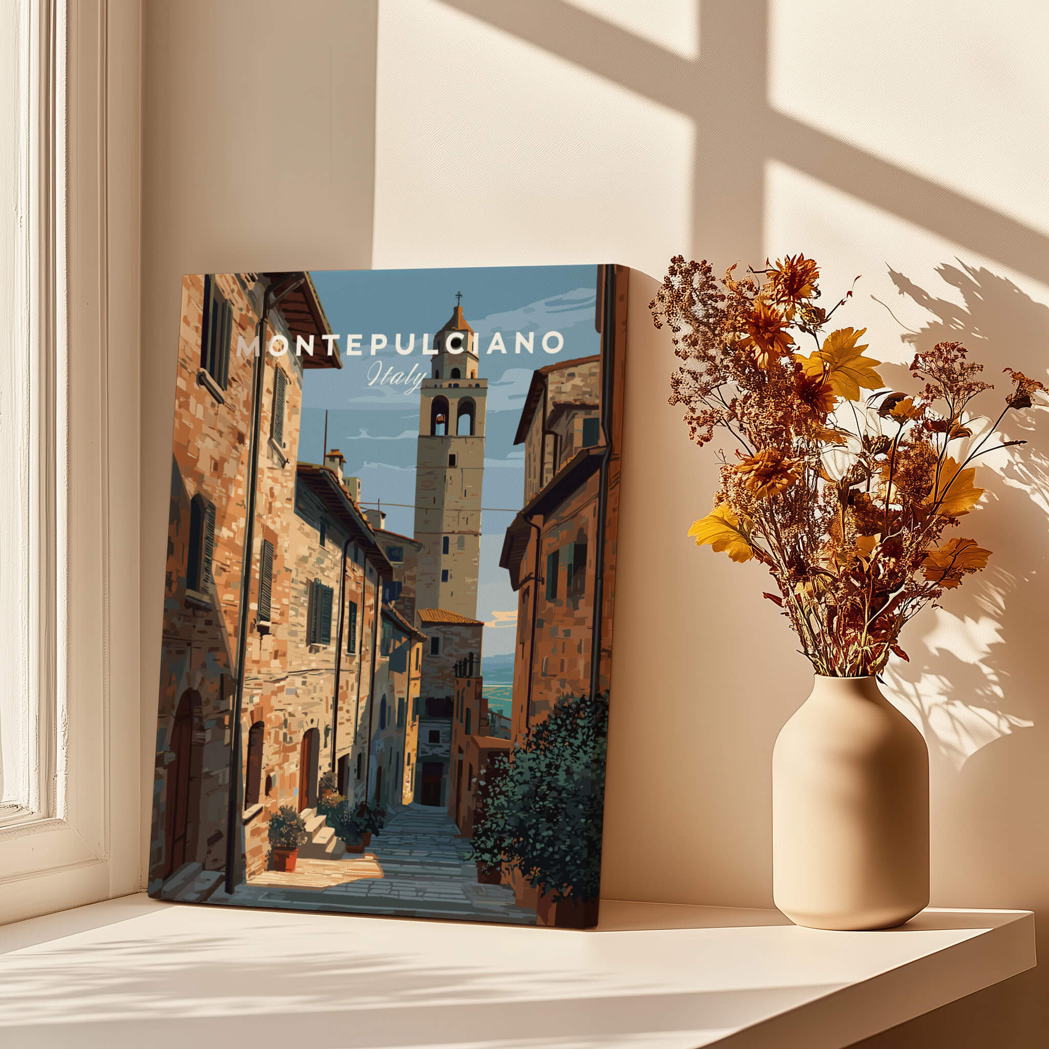 Montepulciano Tuscany Wall Art Print | Historic Italy Street Scene Travel Poster showcasing a serene Tuscan street view.