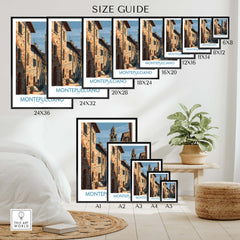 Montepulciano Italy Poster | Tuscany Canvas Print size guide showcasing different frame sizes.
