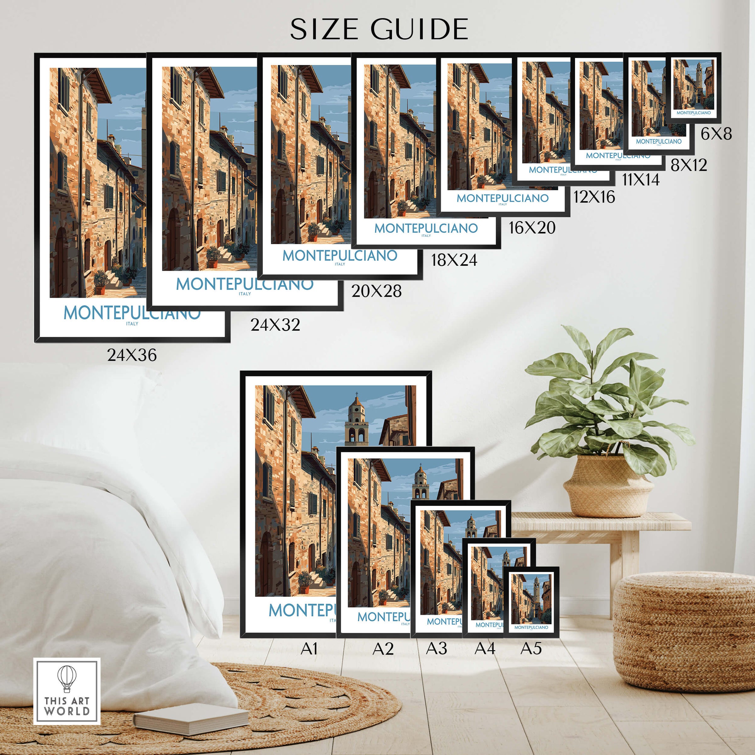 Montepulciano Italy Poster | Tuscany Canvas Print size guide showcasing different frame sizes.
