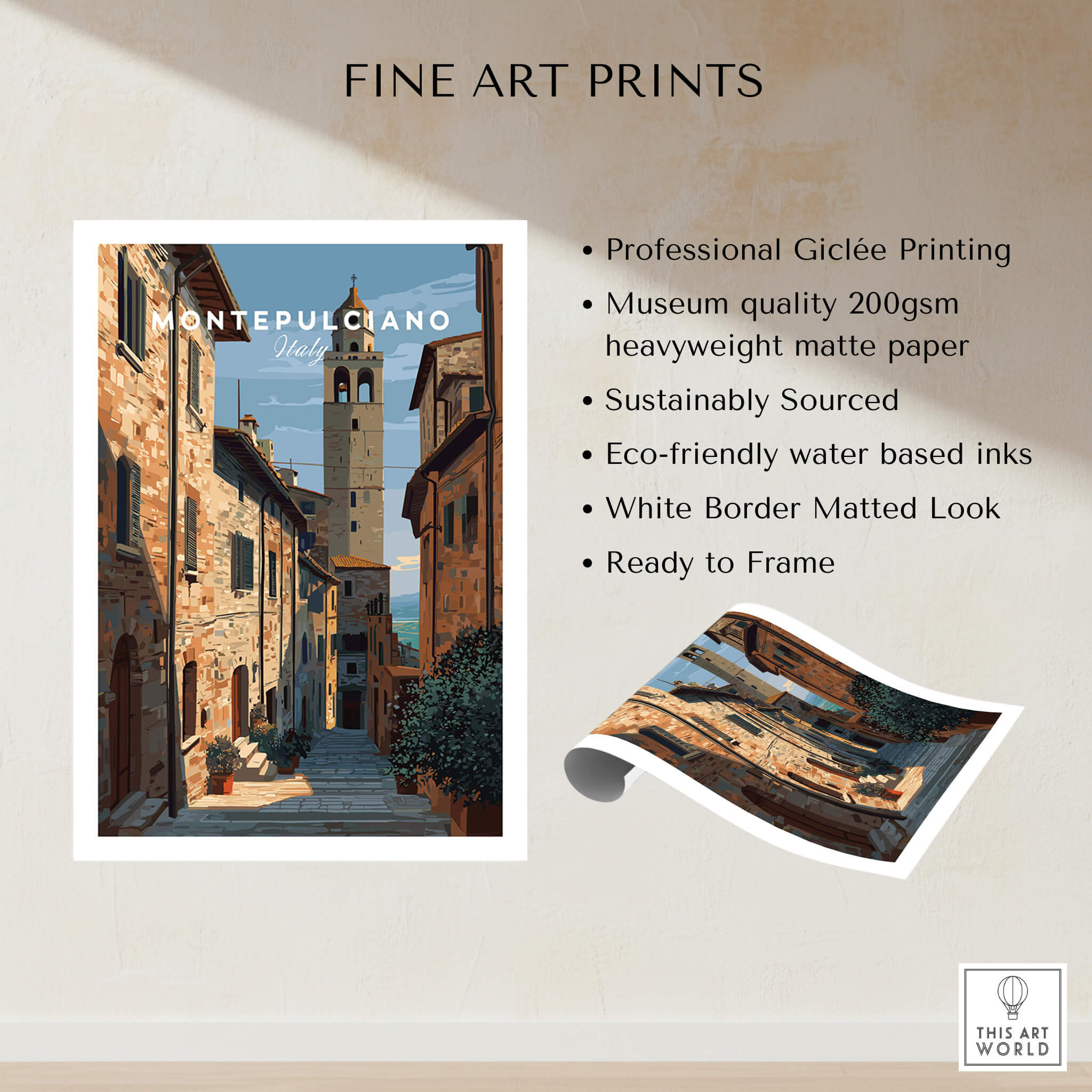 Montepulciano Tuscany Wall Art Print | Historic Italy Street Scene Travel Poster showcasing a charming Tuscan street.