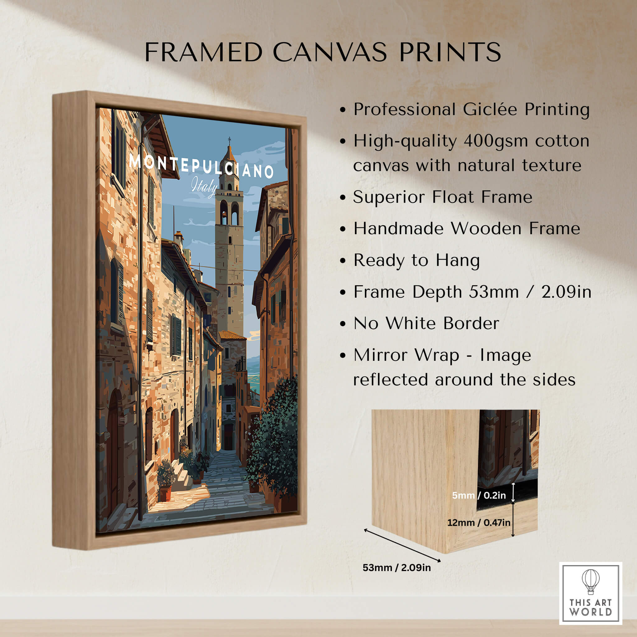 Montepulciano Tuscany Wall Art Print | Historic Italy Street Scene Travel Poster, showcasing framed canvas prints with Giclée printing.