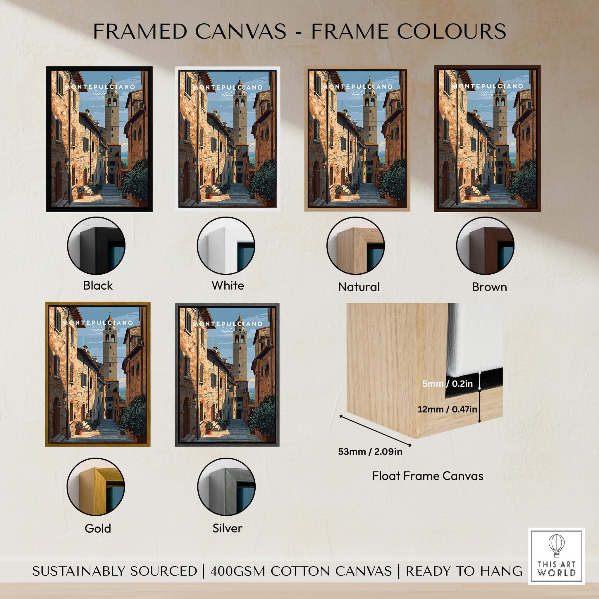 Montepulciano Tuscany Wall Art Print | Historic Italy Street Scene Travel Poster framed in various colors.