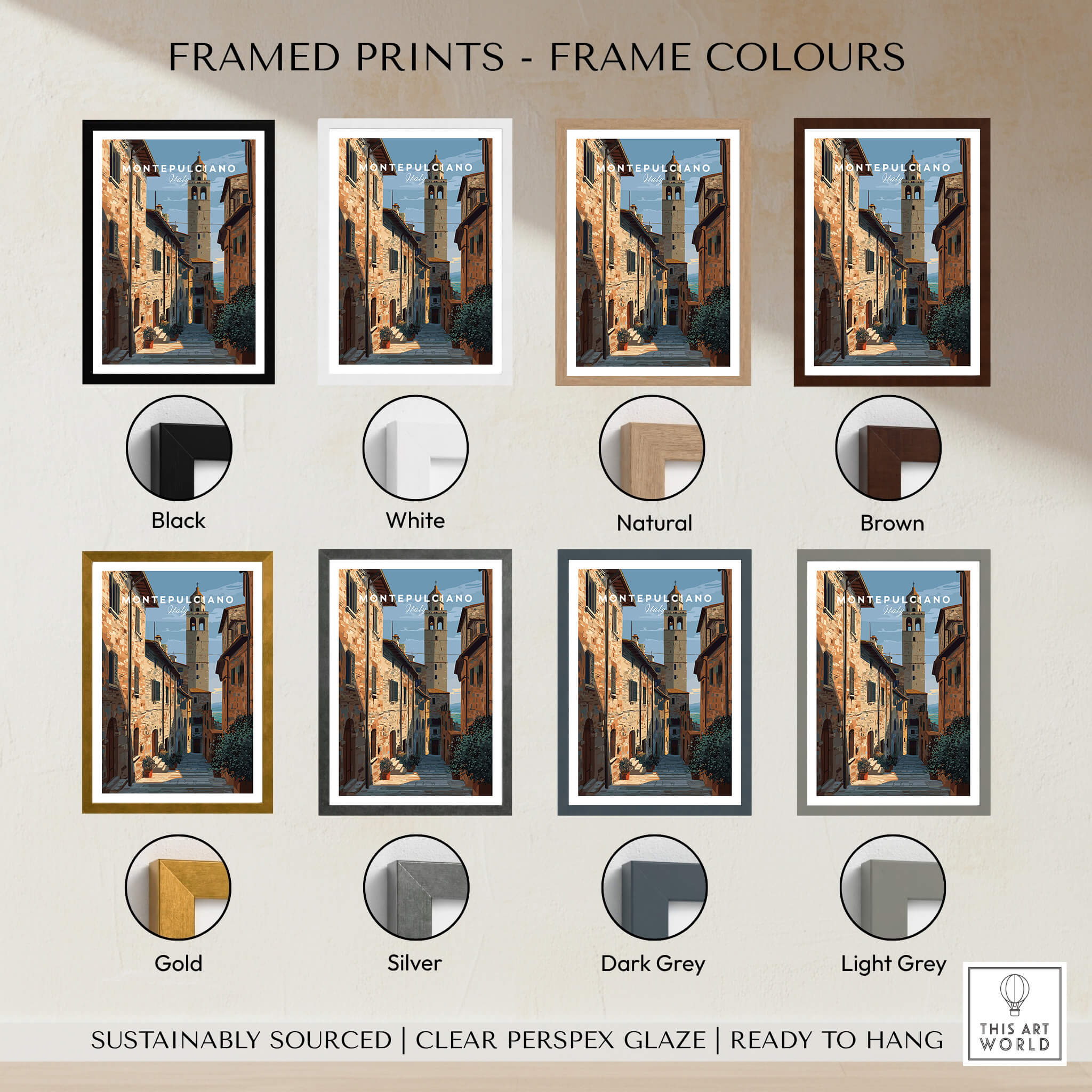 Montepulciano Tuscany Wall Art Print | Historic Italy Street Scene Travel Poster framed in various colors.