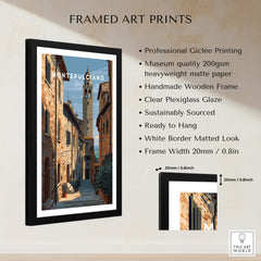 Montepulciano Tuscany Wall Art Print | Historic Italy Street Scene Travel Poster framed in a stylish black wooden frame.