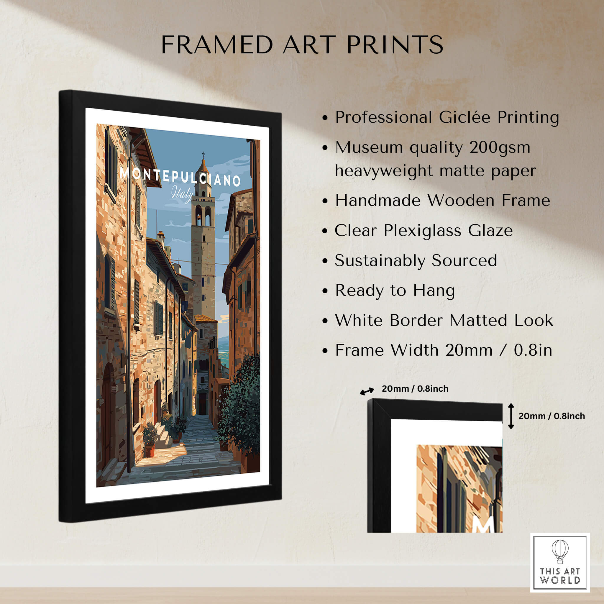 Montepulciano Tuscany Wall Art Print | Historic Italy Street Scene Travel Poster framed in a stylish black wooden frame.